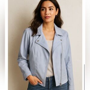 Chico’s Light Blue Denim Moto Jacket – Soft Cotton Blend, Zip Front, Size 2